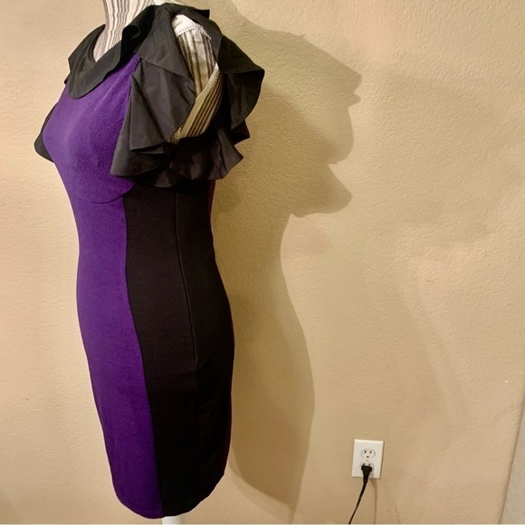 NWT Bodycon Dress Small Fashionomics Purple Black Color Block Ruffled Color Slvs - Picture 7 of 15